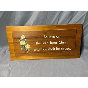 Vintage 16" Wooden Religious Wall Plaque Sign Acts 16:31 Believe on the Lord